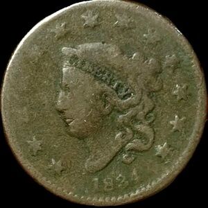 Antique Copper Coin with Profile and Star Design